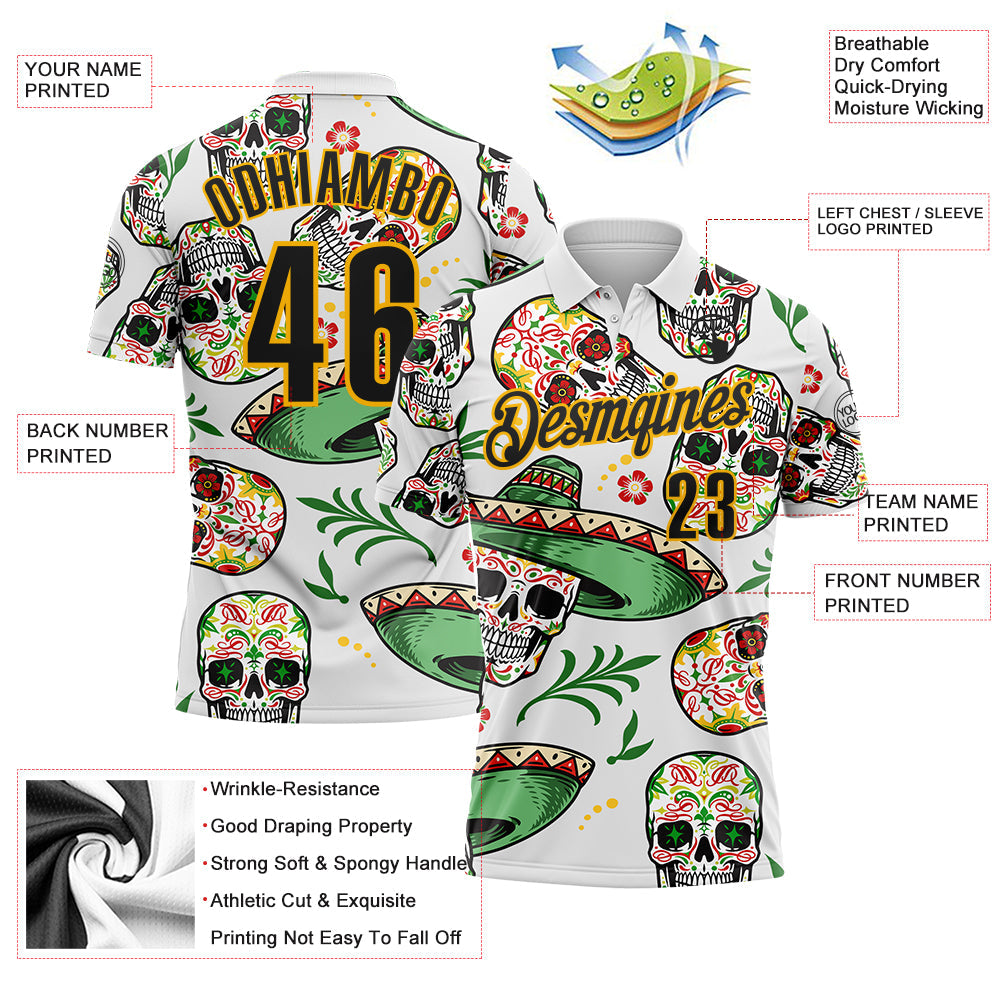 Custom White Black-Gold Day of the Dead Mexican Sugar Skull Performance Polo Shirt view 3