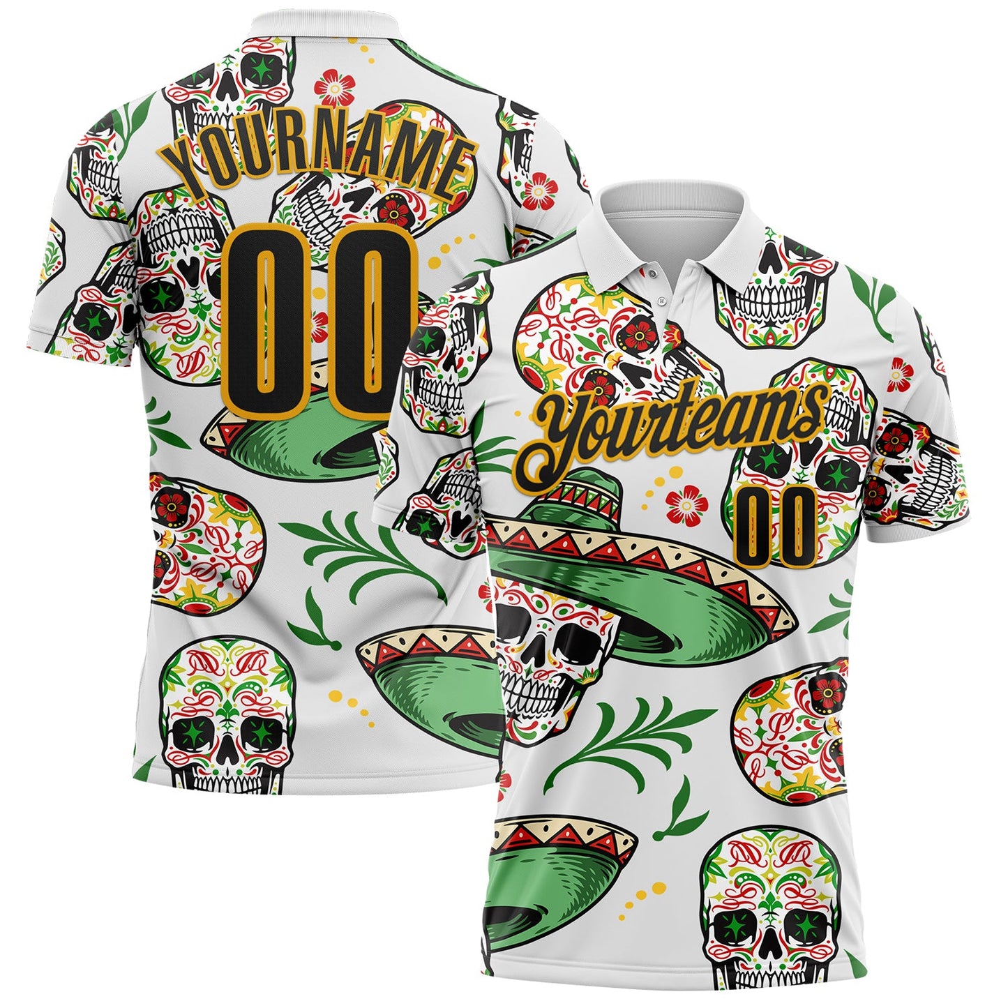 Custom White Black-Gold Day of the Dead Mexican Sugar Skull Performance Polo Shirt - Main View