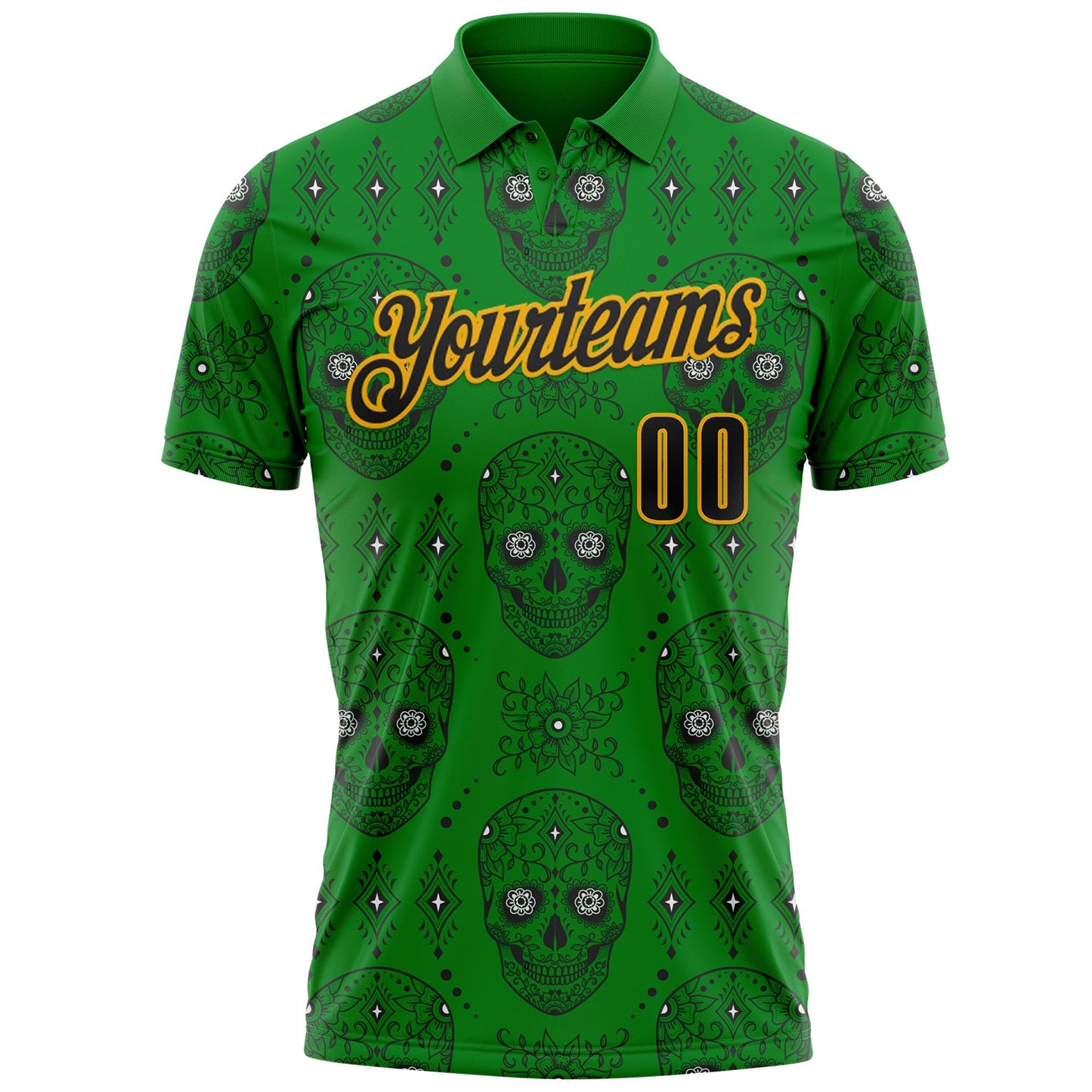 Custom Grass Green Black-Gold Day of the Dead Mexican Sugar Skull Performance Polo Shirt view 2