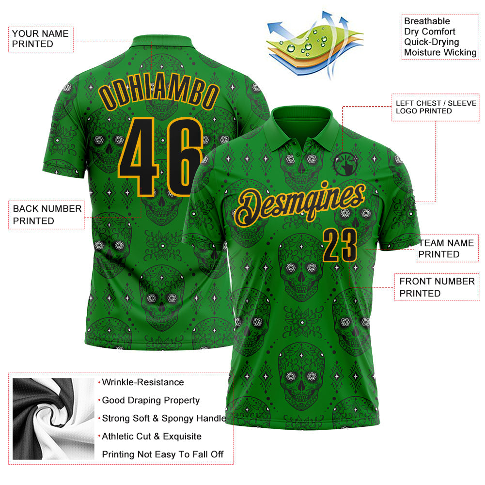 Custom Grass Green Black-Gold Day of the Dead Mexican Sugar Skull Performance Polo Shirt view 3