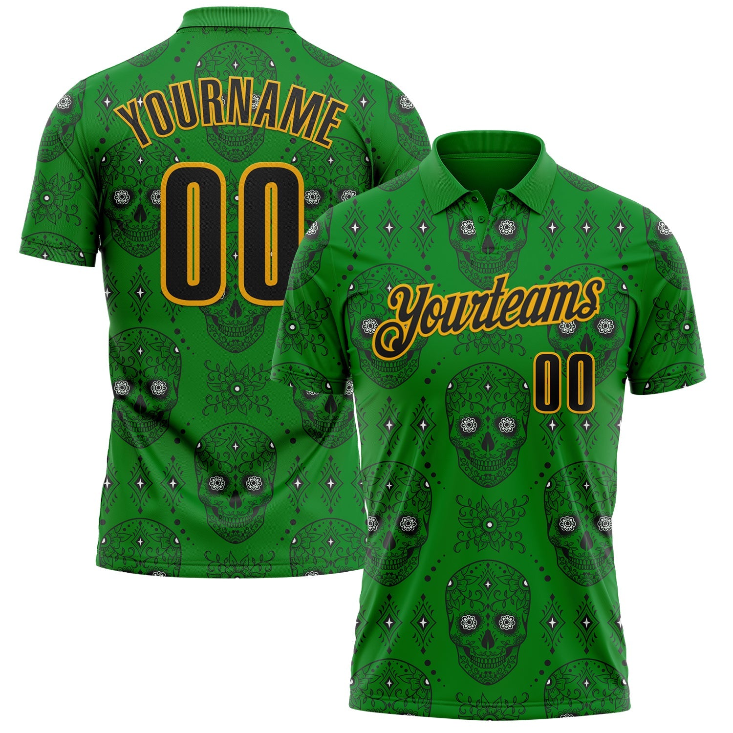 Custom Grass Green Black-Gold Day of the Dead Mexican Sugar Skull Performance Polo Shirt - Main View