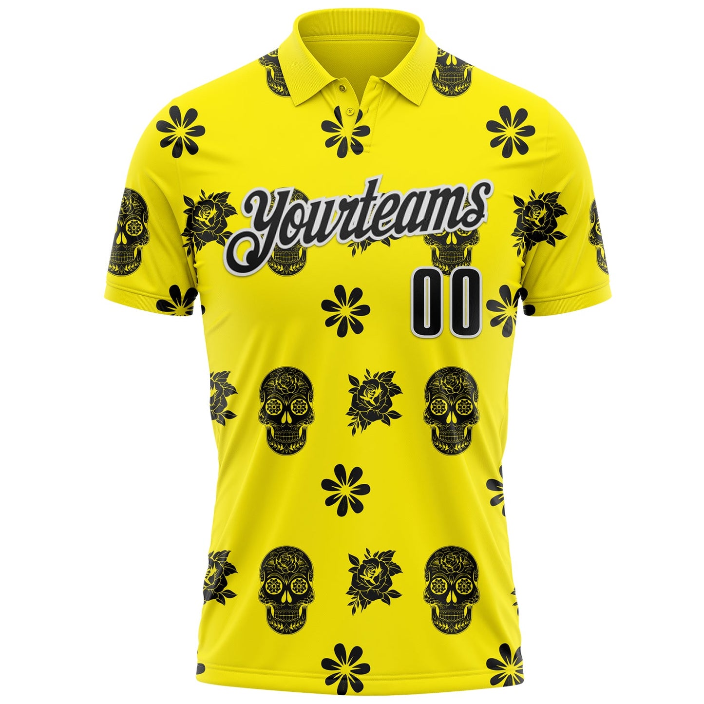Custom Light Yellow Black-White Day of the Dead Mexican Sugar Skull Performance Polo Shirt view 2