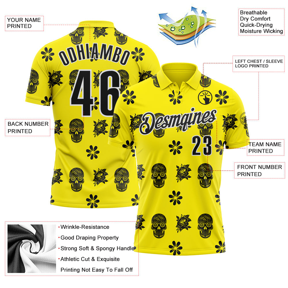 Custom Light Yellow Black-White Day of the Dead Mexican Sugar Skull Performance Polo Shirt view 3