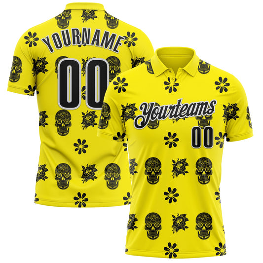 Custom Light Yellow Black-White Day of the Dead Mexican Sugar Skull Performance Polo Shirt - Main View
