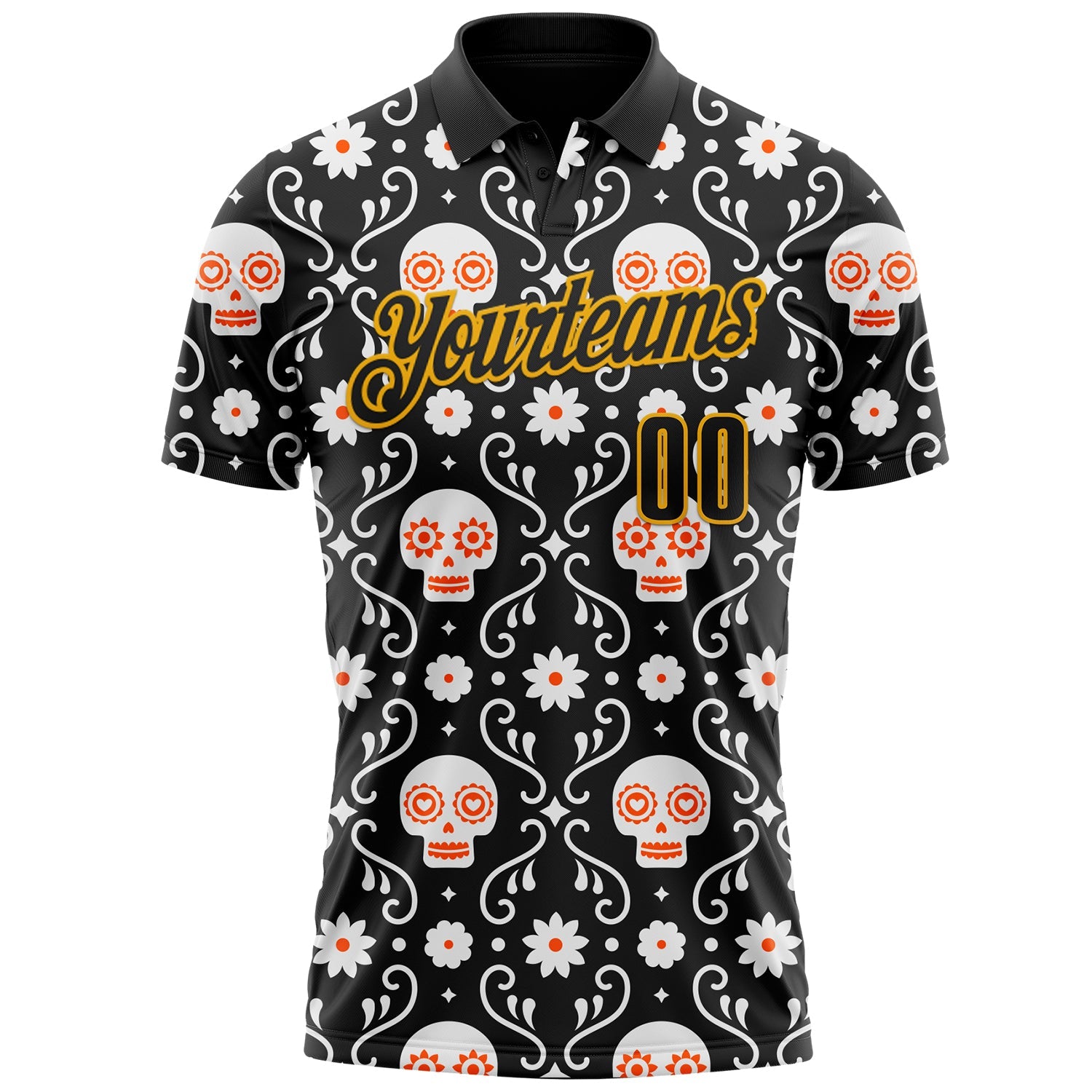 Custom Black-Gold Day of the Dead Mexican Sugar Skull Performance Polo Shirt view 2