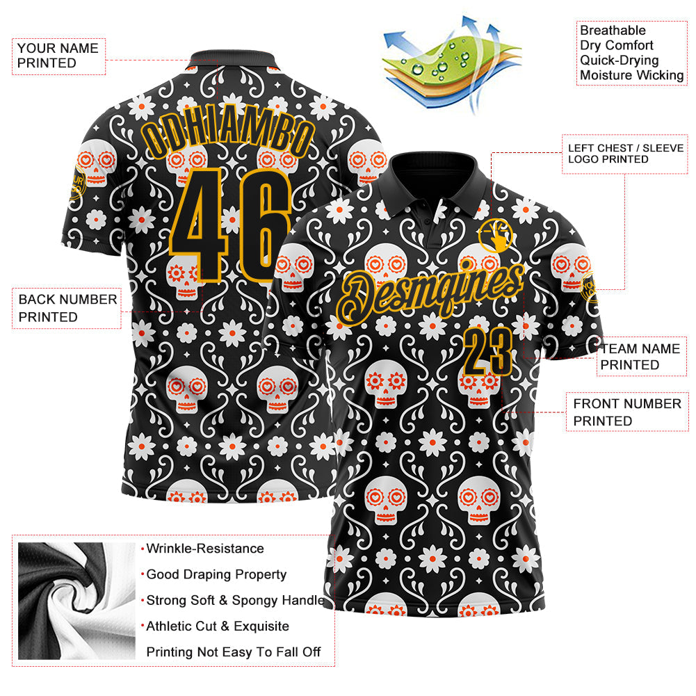 Custom Black-Gold Day of the Dead Mexican Sugar Skull Performance Polo Shirt view 3