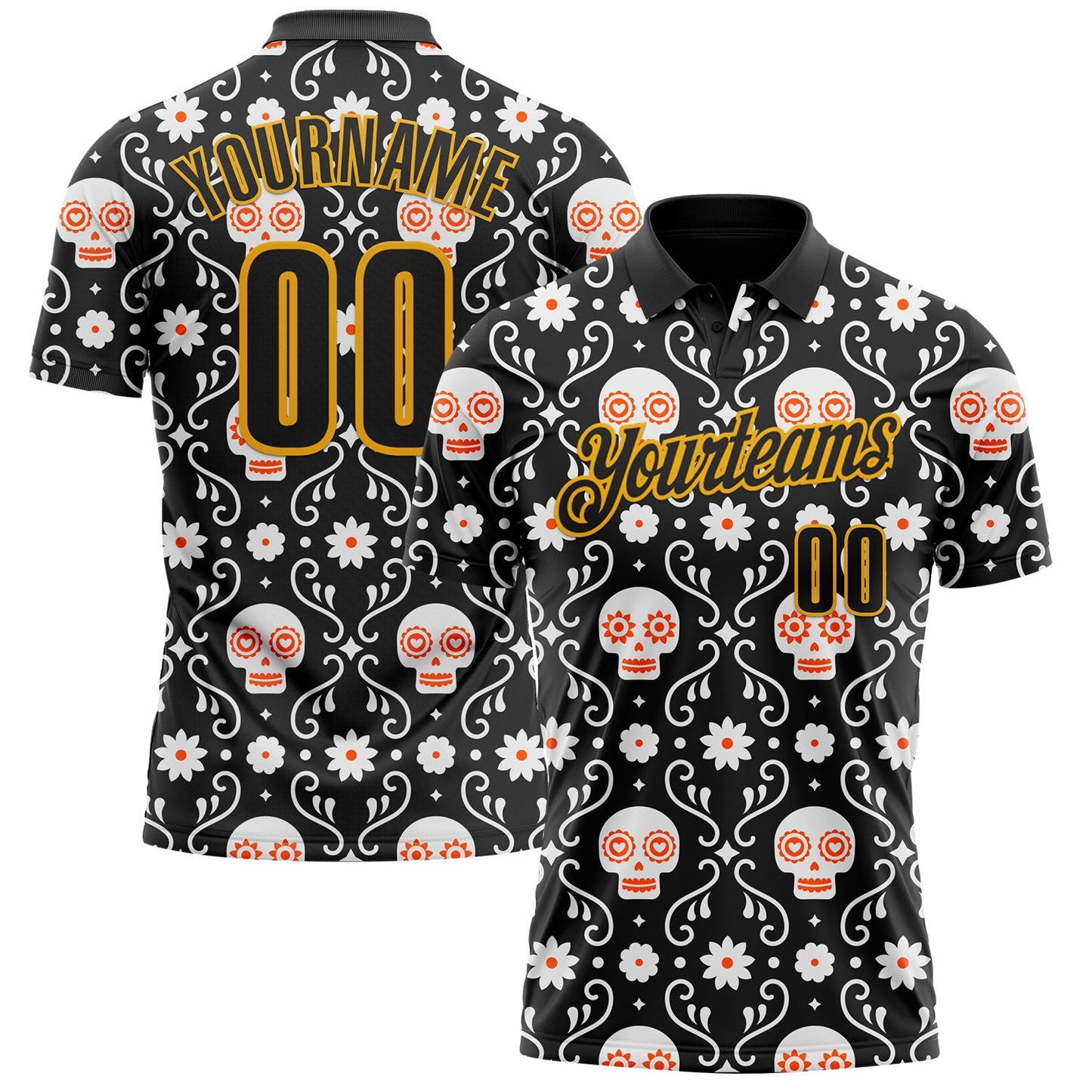 Custom Black-Gold Day of the Dead Mexican Sugar Skull Performance Polo Shirt - Main View