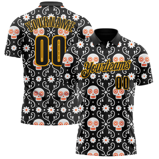 Custom Black-Gold Day of the Dead Mexican Sugar Skull Performance Polo Shirt - Main View
