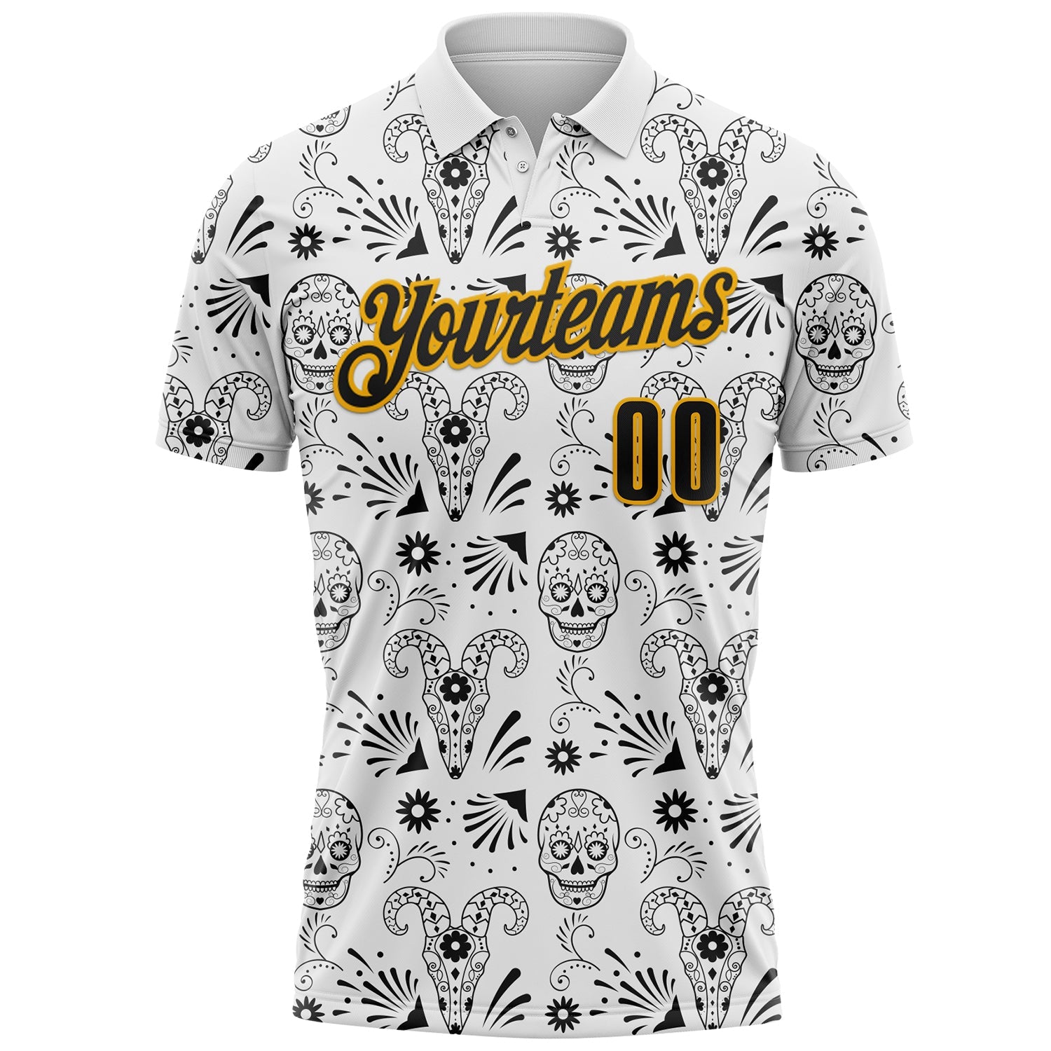 Custom White Black-Gold Day of the Dead Mexican Sugar Skull Performance Polo Shirt view 2