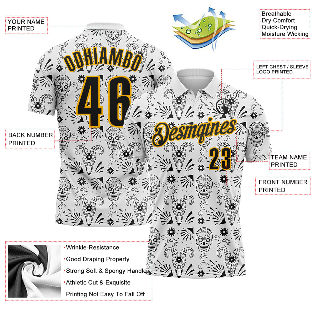 Custom White Black-Gold Day of the Dead Mexican Sugar Skull Performance Polo Shirt view 3