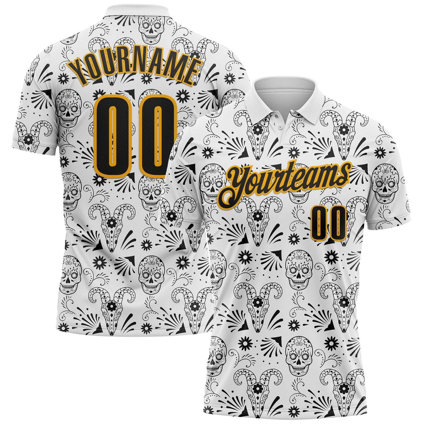 Custom White Black-Gold Day of the Dead Mexican Sugar Skull Performance Polo Shirt - Main View