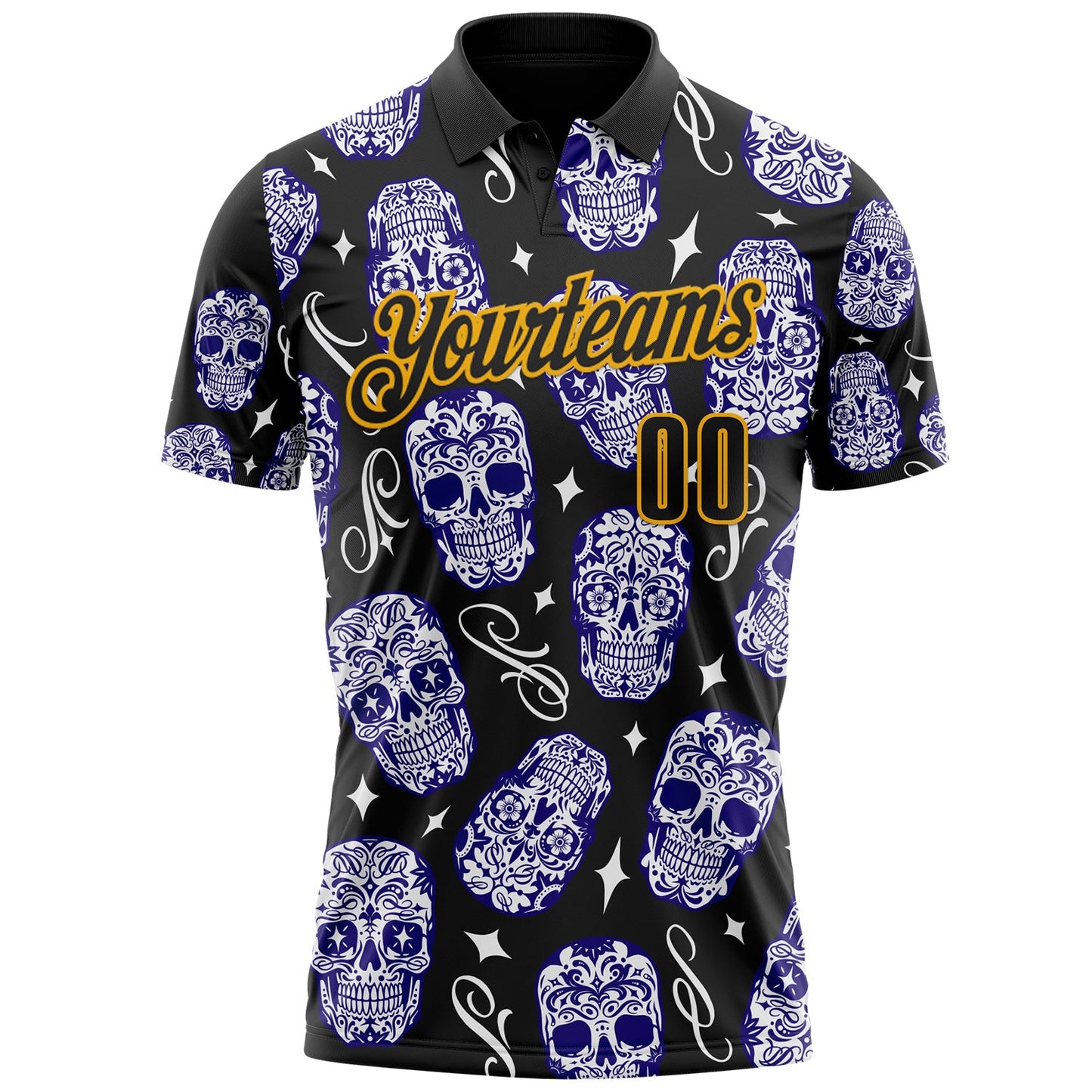 Custom Black-Gold Day of the Dead Mexican Sugar Skull Performance Polo Shirt view 2