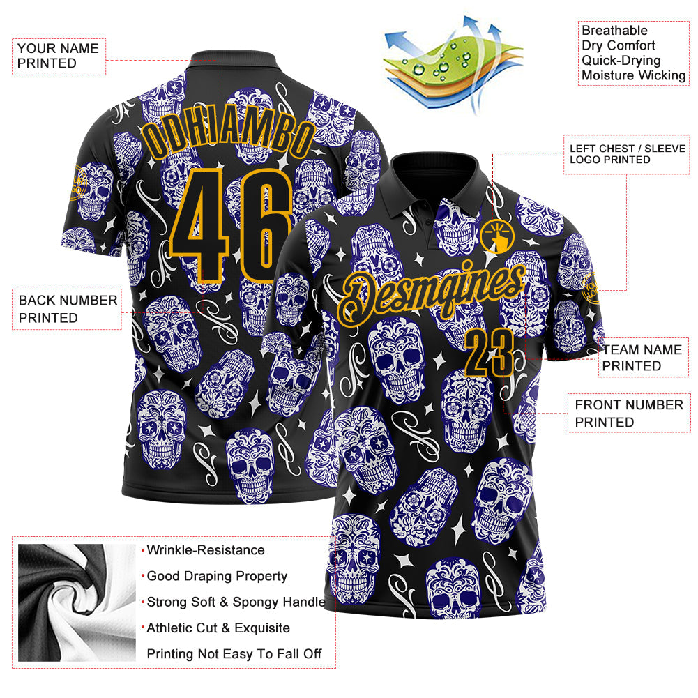 Custom Black-Gold Day of the Dead Mexican Sugar Skull Performance Polo Shirt view 3