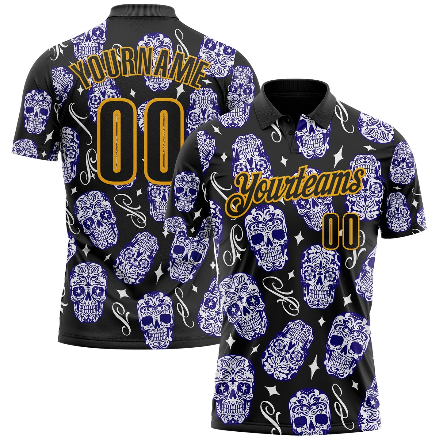 Custom Black-Gold Day of the Dead Mexican Sugar Skull Performance Polo Shirt - Main View