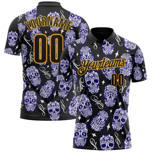 Custom Black-Gold Day of the Dead Mexican Sugar Skull Performance Polo Shirt - Main View