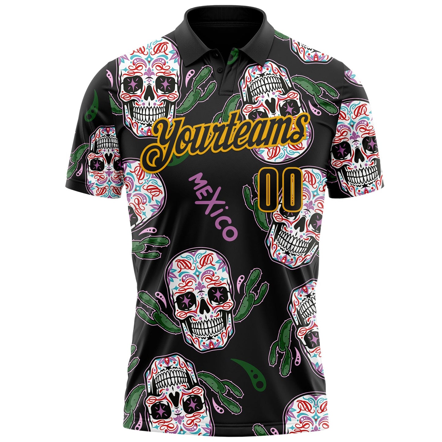 Custom Black-Gold Day of the Dead Mexican Sugar Skull Performance Polo Shirt view 2