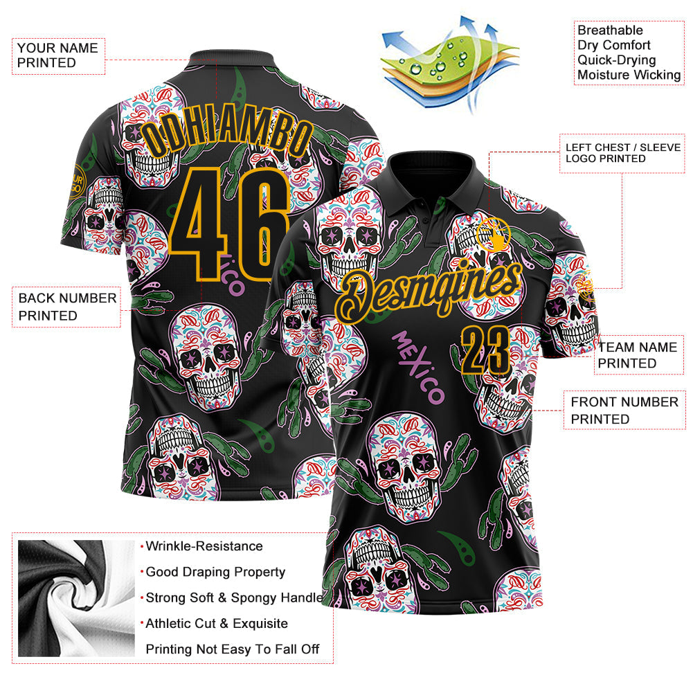 Custom Black-Gold Day of the Dead Mexican Sugar Skull Performance Polo Shirt view 3