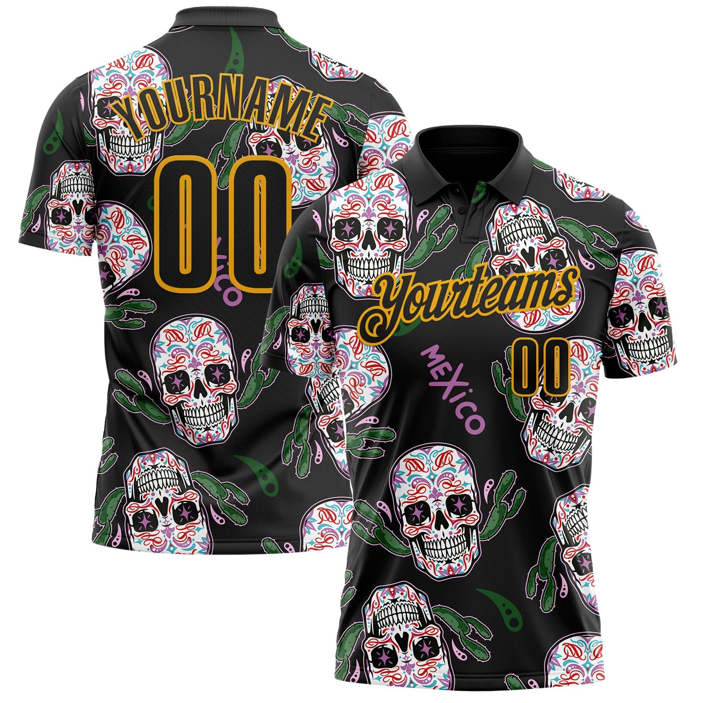 Custom Black-Gold Day of the Dead Mexican Sugar Skull Performance Polo Shirt - Main View
