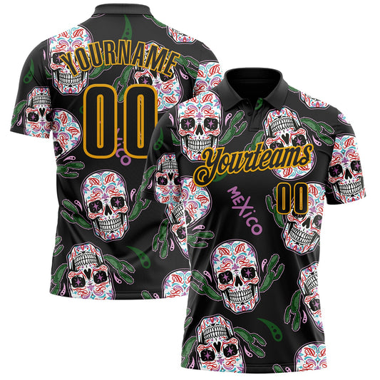 Custom Black-Gold Day of the Dead Mexican Sugar Skull Performance Polo Shirt - Main View