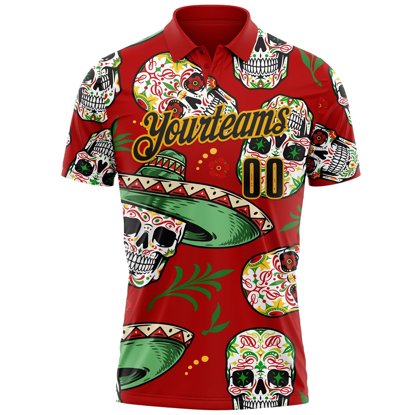 Custom Red Black-Gold Day of the Dead Mexican Sugar Skull Performance Polo Shirt view 2