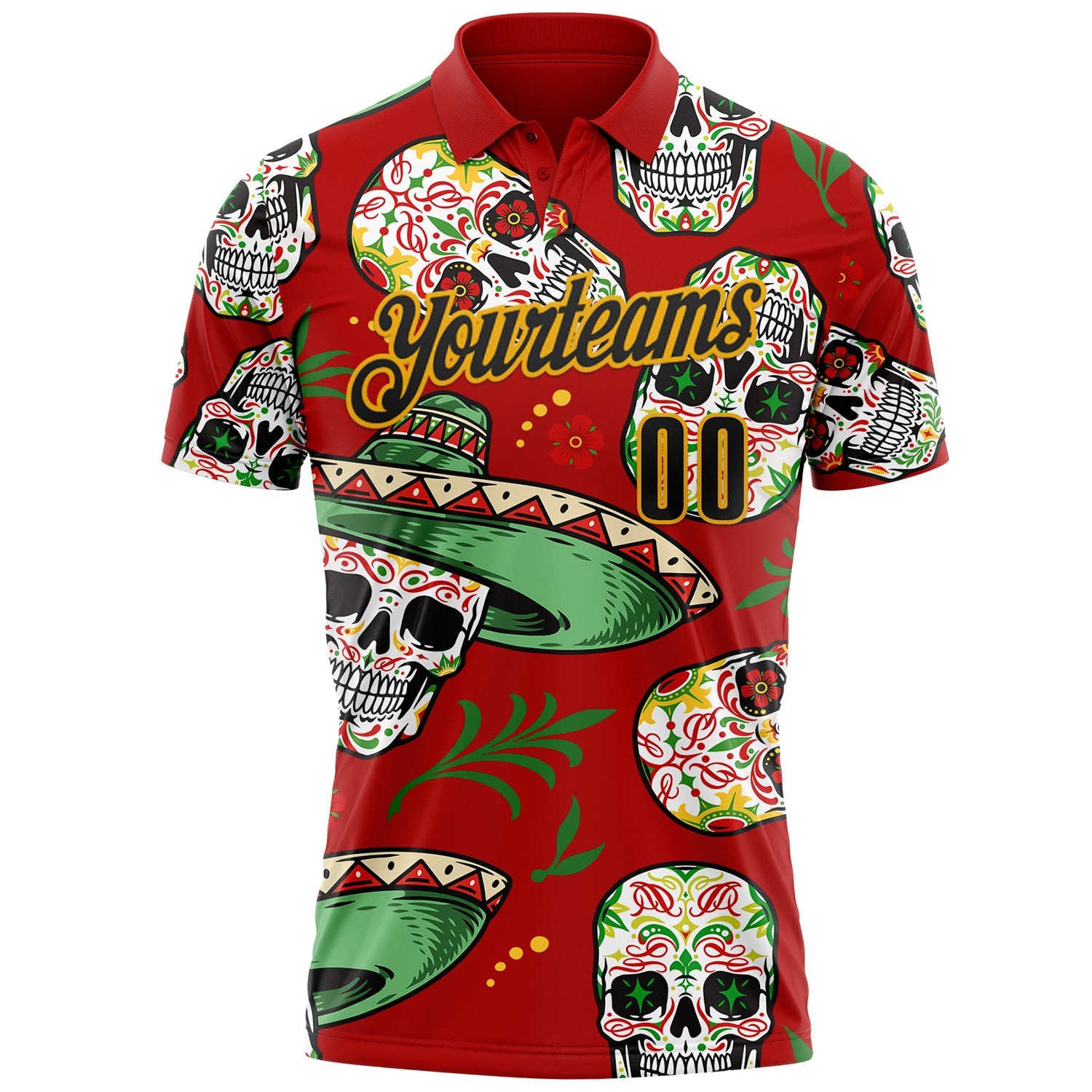 Custom Red Black-Gold Day of the Dead Mexican Sugar Skull Performance Polo Shirt view 2