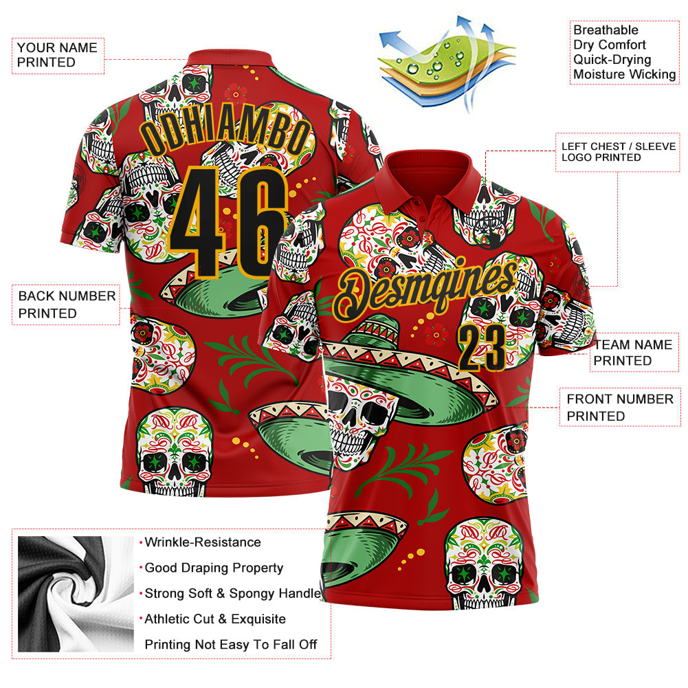 Custom Red Black-Gold Day of the Dead Mexican Sugar Skull Performance Polo Shirt view 3