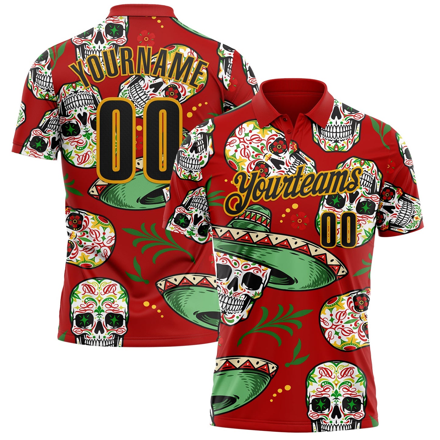Custom Red Black-Gold Day of the Dead Mexican Sugar Skull Performance Polo Shirt - Main View