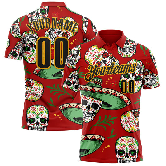 Custom Red Black-Gold Day of the Dead Mexican Sugar Skull Performance Polo Shirt - Main View