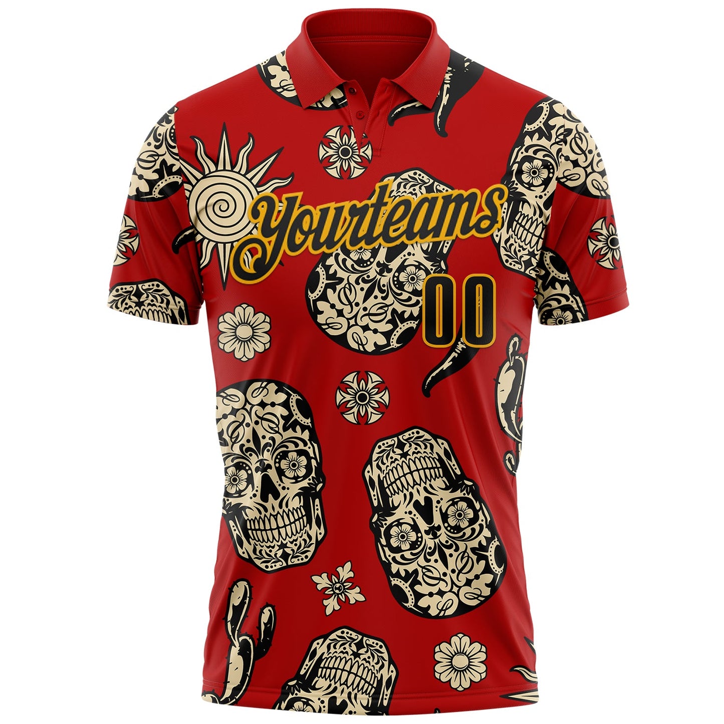 Custom Red Black-Gold Day of the Dead Mexican Sugar Skull Performance Polo Shirt view 2
