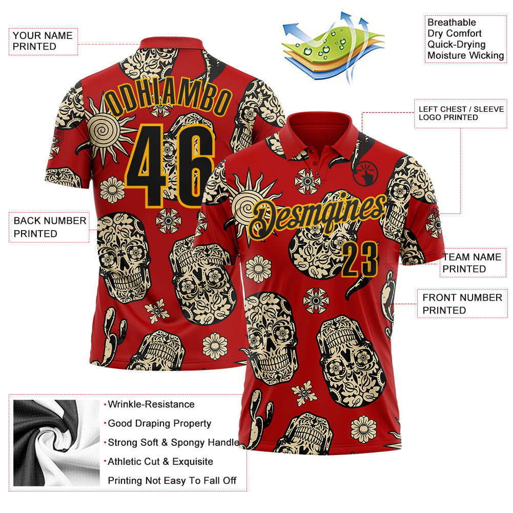 Custom Red Black-Gold Day of the Dead Mexican Sugar Skull Performance Polo Shirt view 3