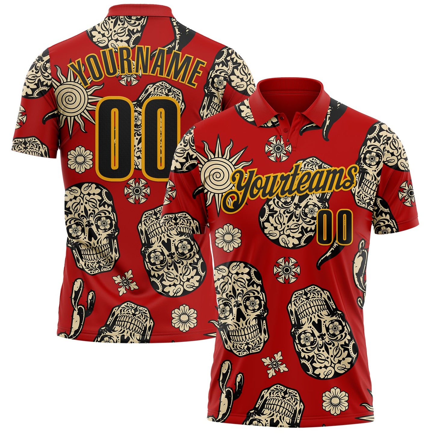 Custom Red Black-Gold Day of the Dead Mexican Sugar Skull Performance Polo Shirt - Main View