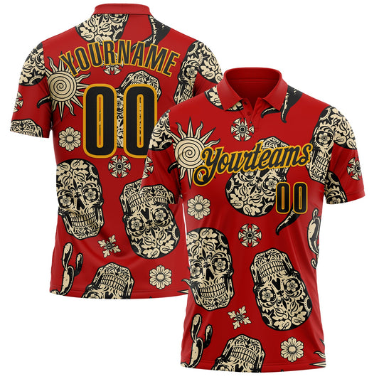 Custom Red Black-Gold Day of the Dead Mexican Sugar Skull Performance Polo Shirt - Main View
