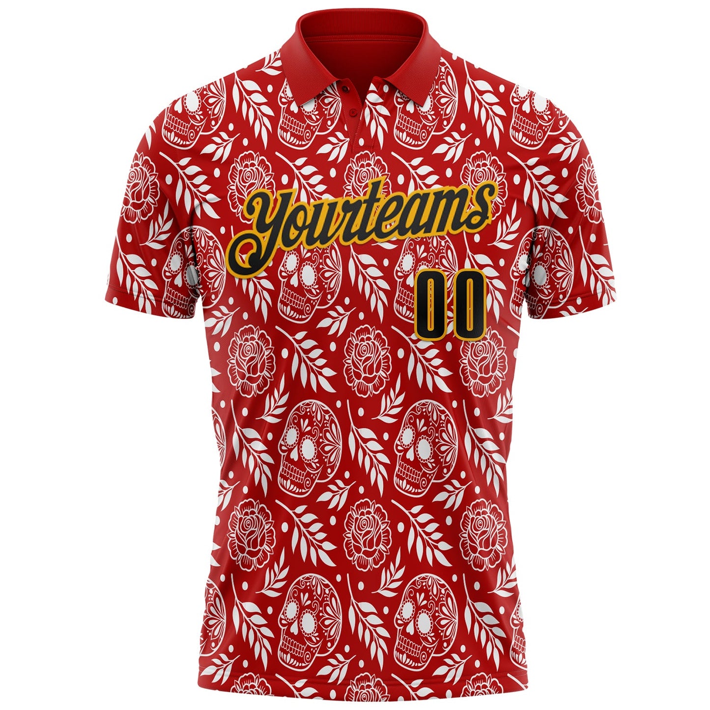 Custom Red Black-Gold Day of the Dead Mexican Sugar Skull Performance Polo Shirt view 2