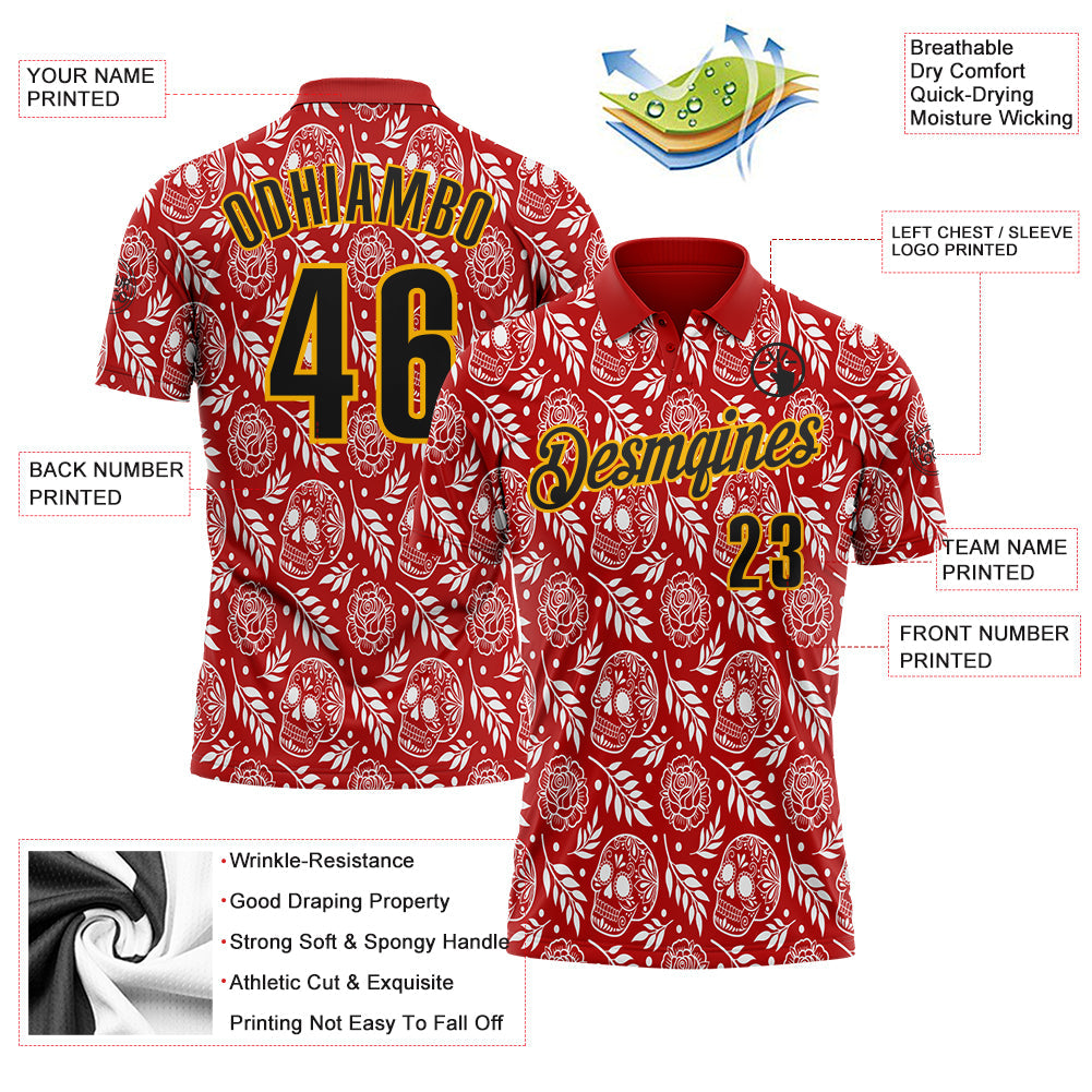Custom Red Black-Gold Day of the Dead Mexican Sugar Skull Performance Polo Shirt view 3