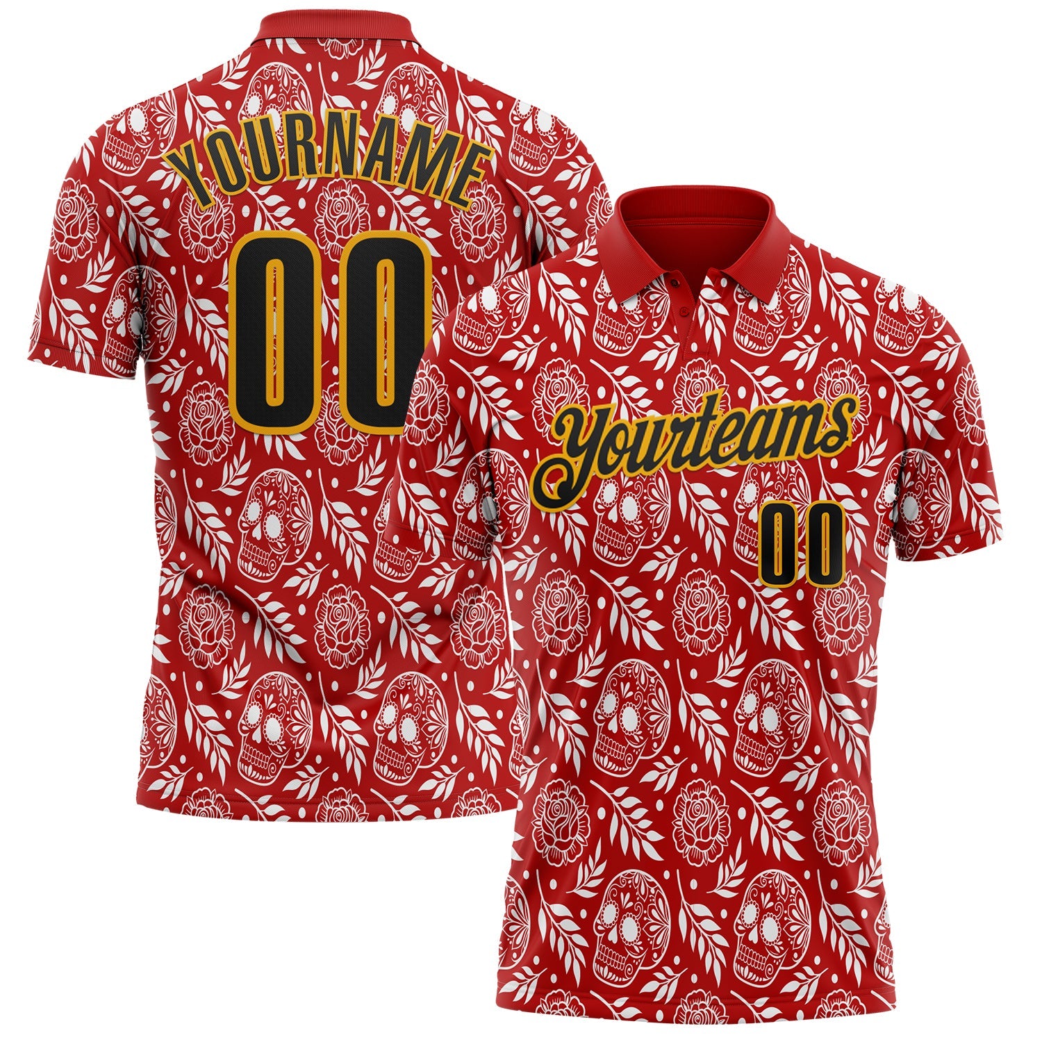 Custom Red Black-Gold Day of the Dead Mexican Sugar Skull Performance Polo Shirt - Main View