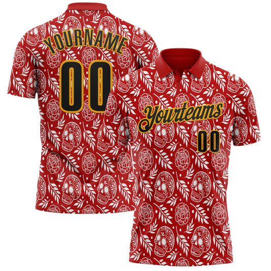 Custom Red Black-Gold Day of the Dead Mexican Sugar Skull Performance Polo Shirt - Main View