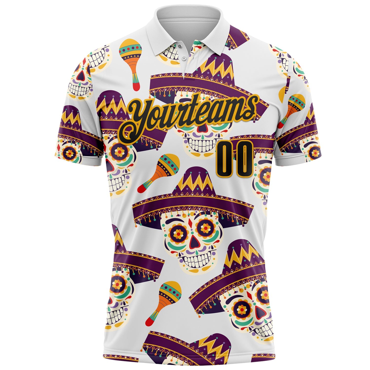 Custom White Black-Gold Day of the Dead Mexican Sugar Skull Performance Polo Shirt view 2