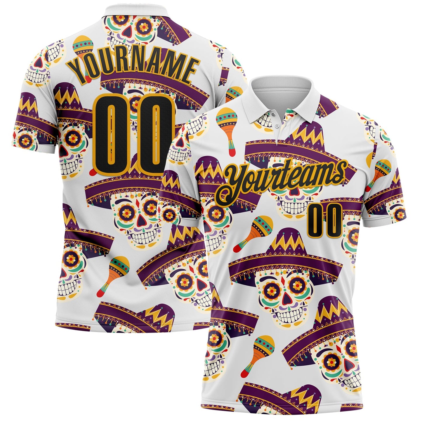 Custom White Black-Gold Day of the Dead Mexican Sugar Skull Performance Polo Shirt - Main View