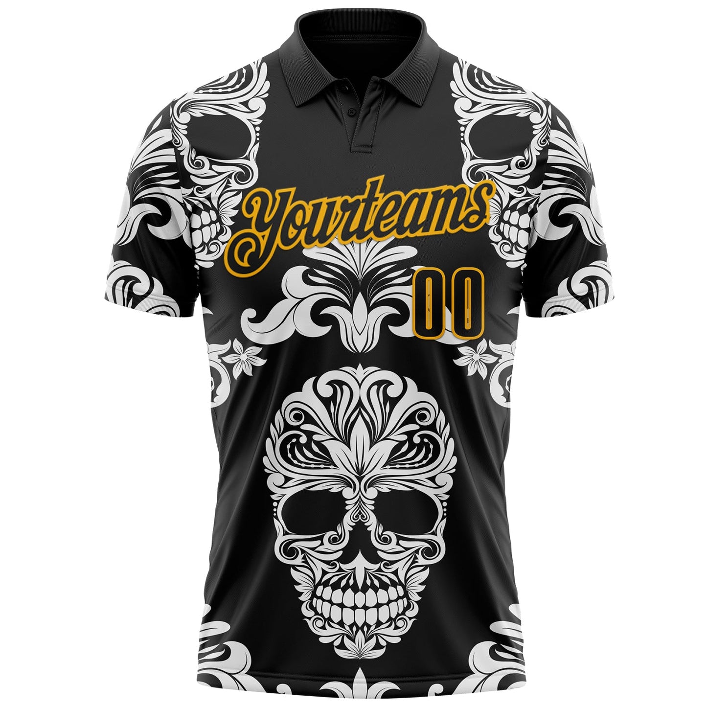 Custom Black-Gold Day of the Dead Mexican Sugar Skull Performance Polo Shirt view 2