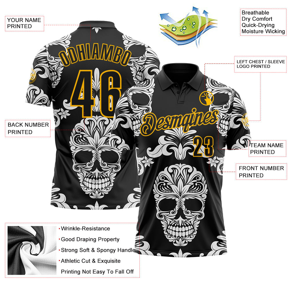 Custom Black-Gold Day of the Dead Mexican Sugar Skull Performance Polo Shirt view 3
