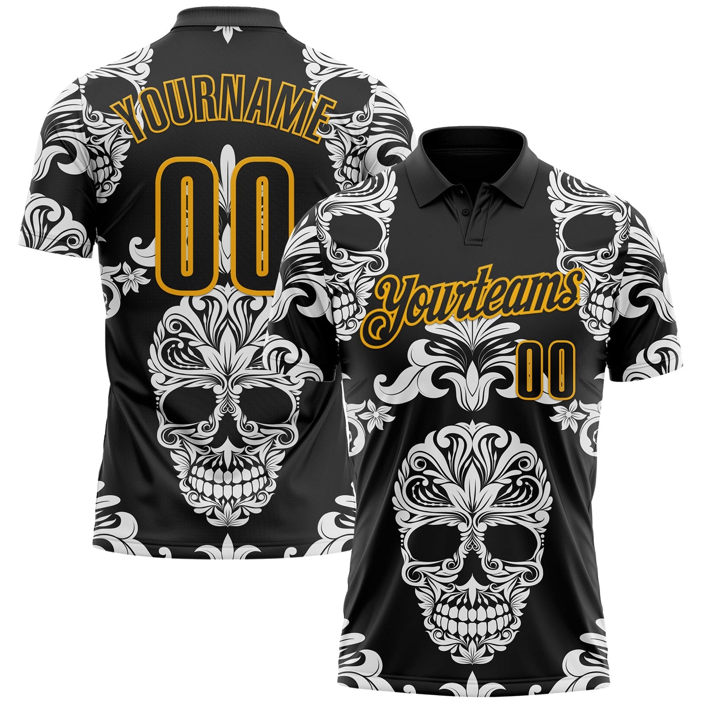 Custom Black-Gold Day of the Dead Mexican Sugar Skull Performance Polo Shirt - Main View