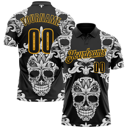 Custom Black-Gold Day of the Dead Mexican Sugar Skull Performance Polo Shirt - Main View