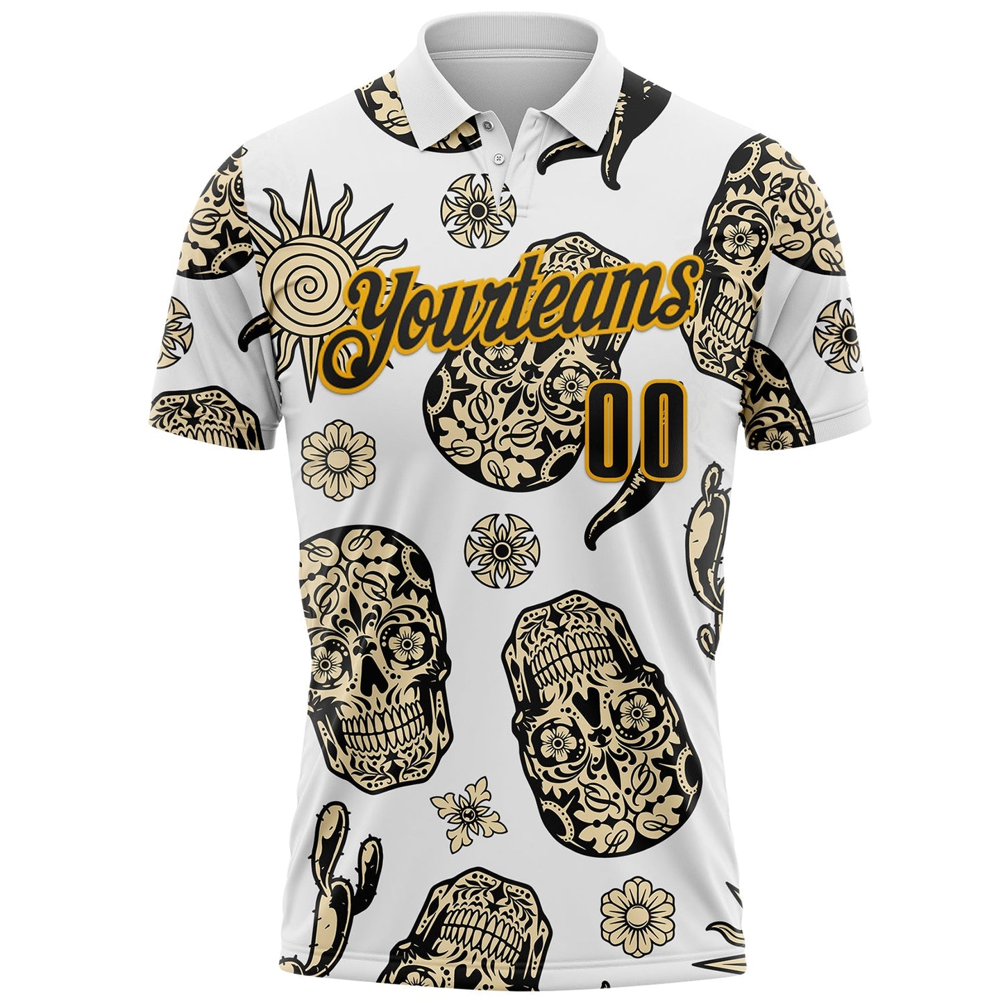 Custom White Black-Gold Day of the Dead Mexican Sugar Skull Performance Polo Shirt view 2