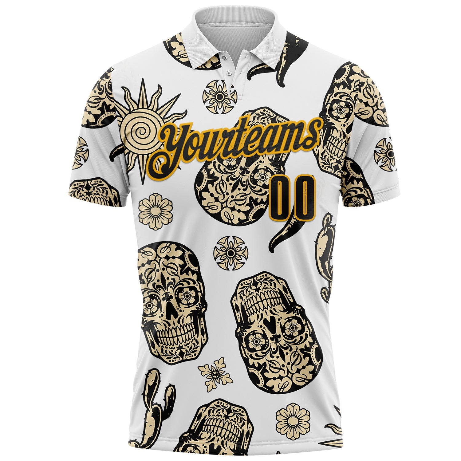 Custom White Black-Gold Day of the Dead Mexican Sugar Skull Performance Polo Shirt view 2