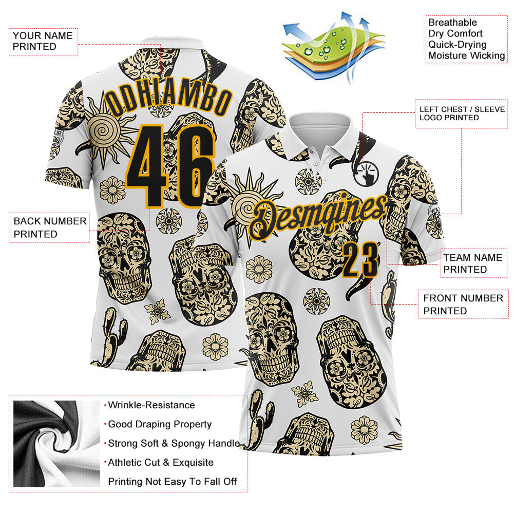 Custom White Black-Gold Day of the Dead Mexican Sugar Skull Performance Polo Shirt view 3