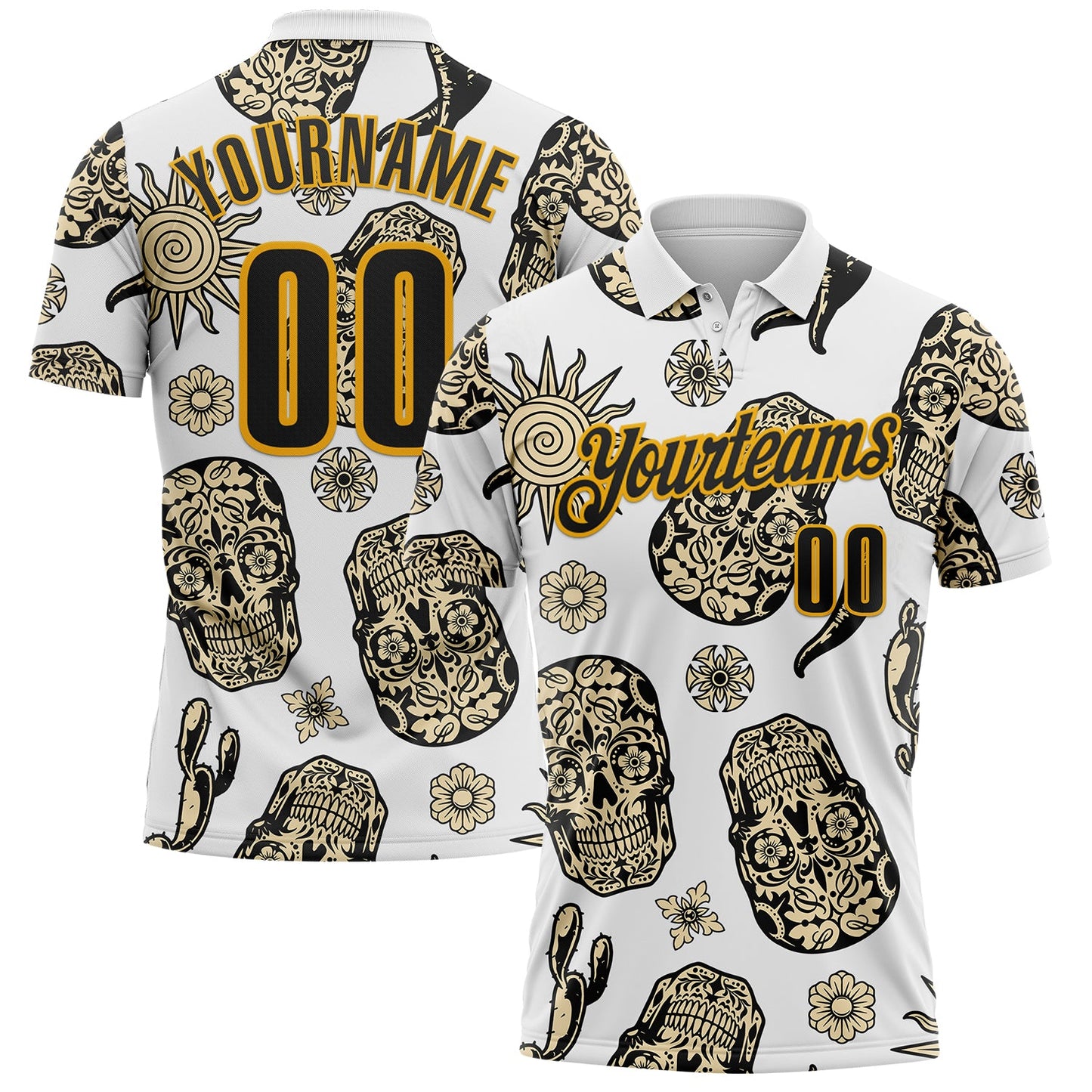 Custom White Black-Gold Day of the Dead Mexican Sugar Skull Performance Polo Shirt - Main View