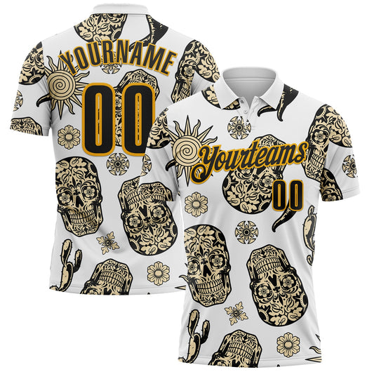 Custom White Black-Gold Day of the Dead Mexican Sugar Skull Performance Polo Shirt - Main View