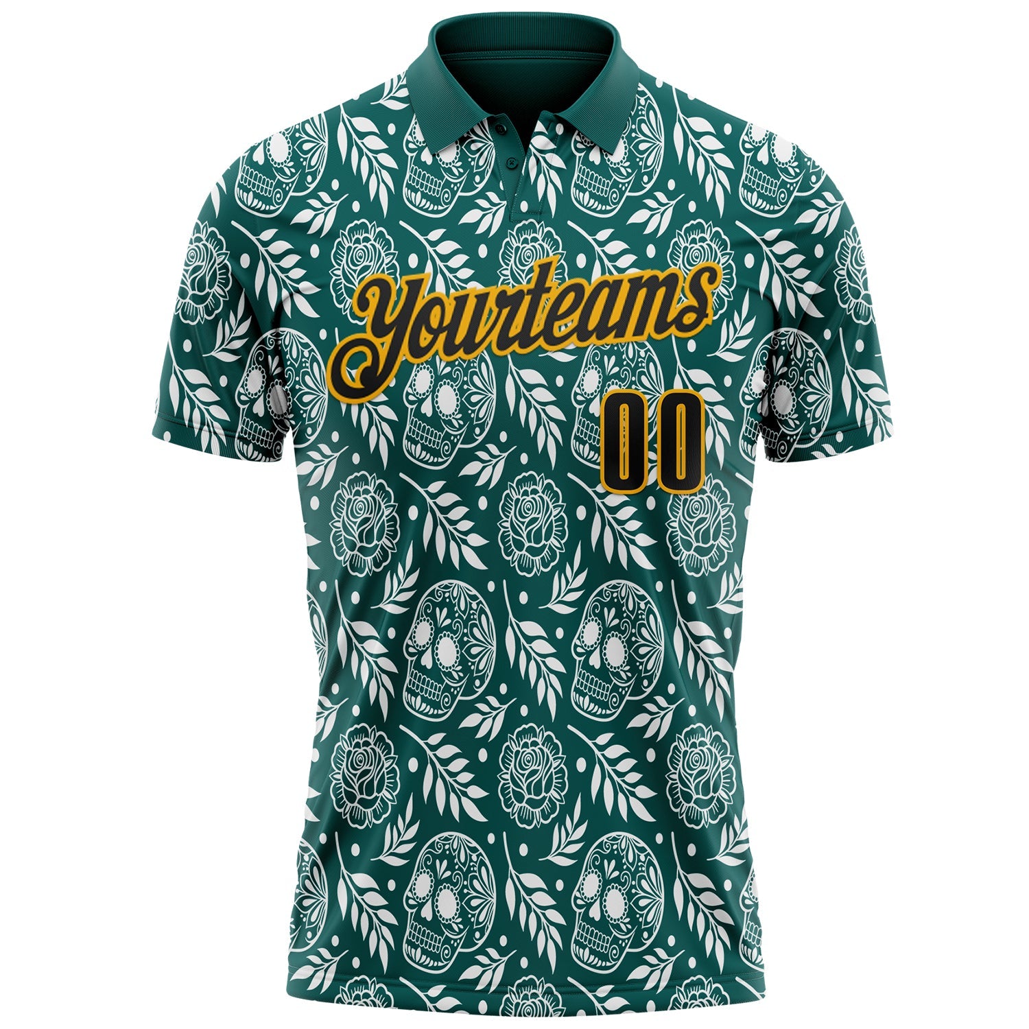 Custom Midnight Green Black-Gold Day of the Dead Mexican Sugar Skull Performance Polo Shirt view 2