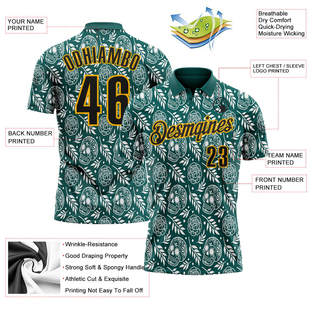 Custom Midnight Green Black-Gold Day of the Dead Mexican Sugar Skull Performance Polo Shirt view 3
