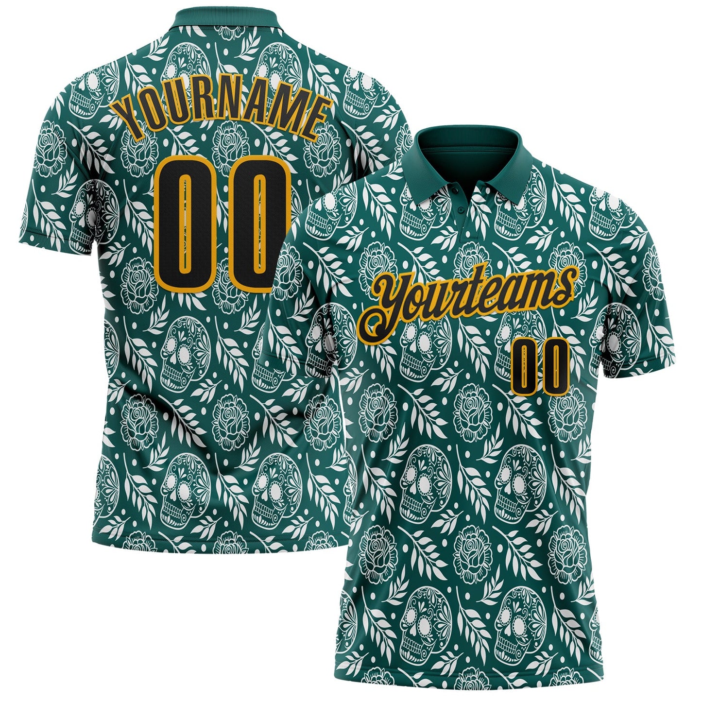 Custom Midnight Green Black-Gold Day of the Dead Mexican Sugar Skull Performance Polo Shirt - Main View